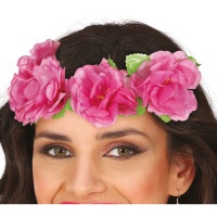 Diadema de flores rosas con hojas - 1 unidad