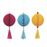 Colgante nido de bola rosa, azul y amarillo de 40,6 cm - 3 unidades